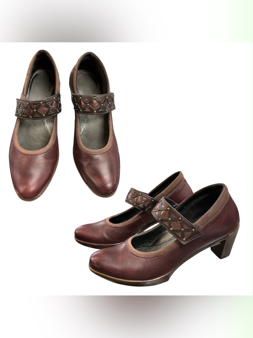 Naot Burgundy Leather Mary Jane Heels with Studded Strap S7.5